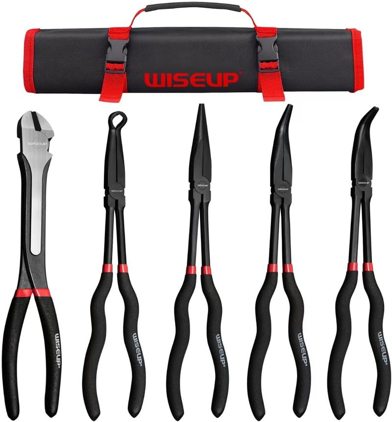 WISEUP 5Pcs Long Needle Nose Pliers Set ，Premium Carbon Steel，11" Long Reach Straight ，45° Bent Nose ，90° Bent Nose Plier，Diagonal Pliers for Narrow Spaces - Image 1